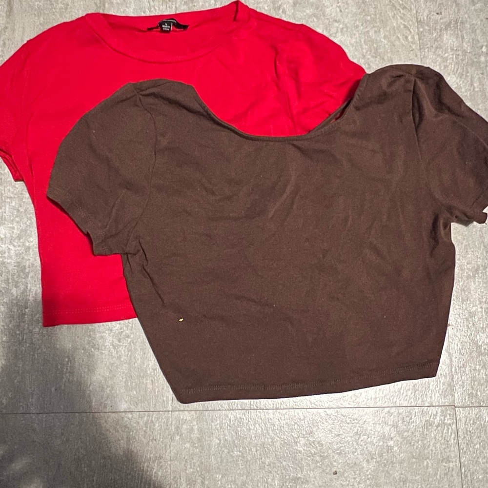 Two Red and Brown Open Back Crop Tops